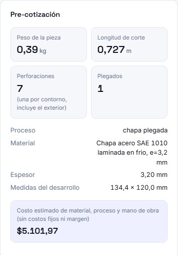 Panel de pre-cotización: peso, longitud de corte, perforaciones, plegados y costo estimado